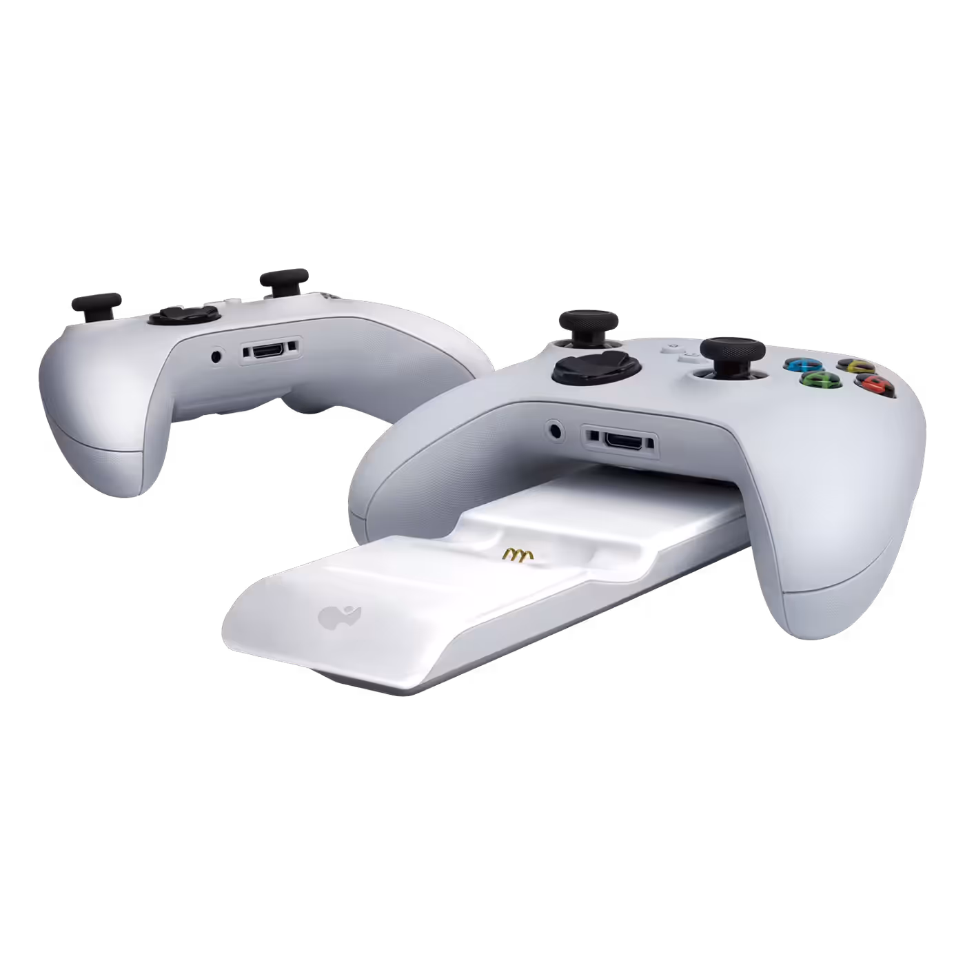 White PDP Metavolt dual charger with two white Xbox controllers
