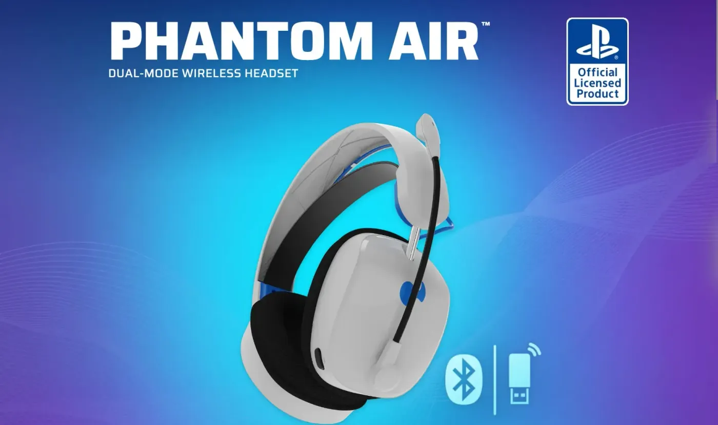 White PDP Phantom Air wireless gaming headset shown beside a PlayStation 5 console