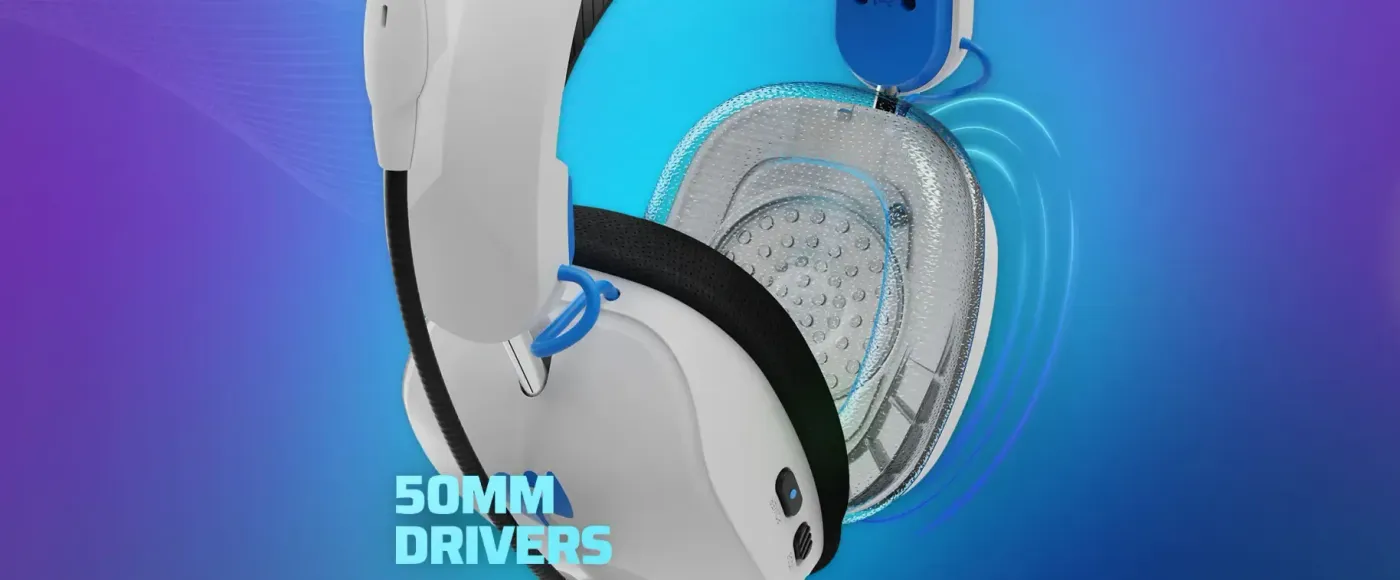 Close-up of the white Phantom Air earcup housing its 50mm audio driver