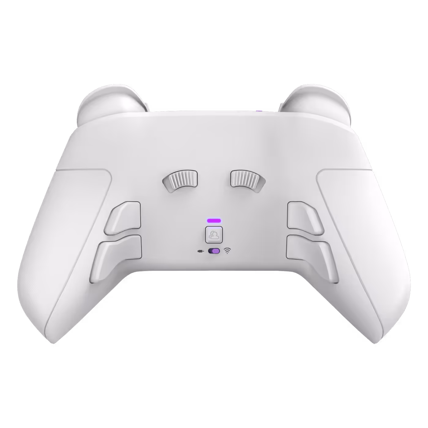 Back of the white Victrix Pro BFG showing its back buttons and clutch sliders