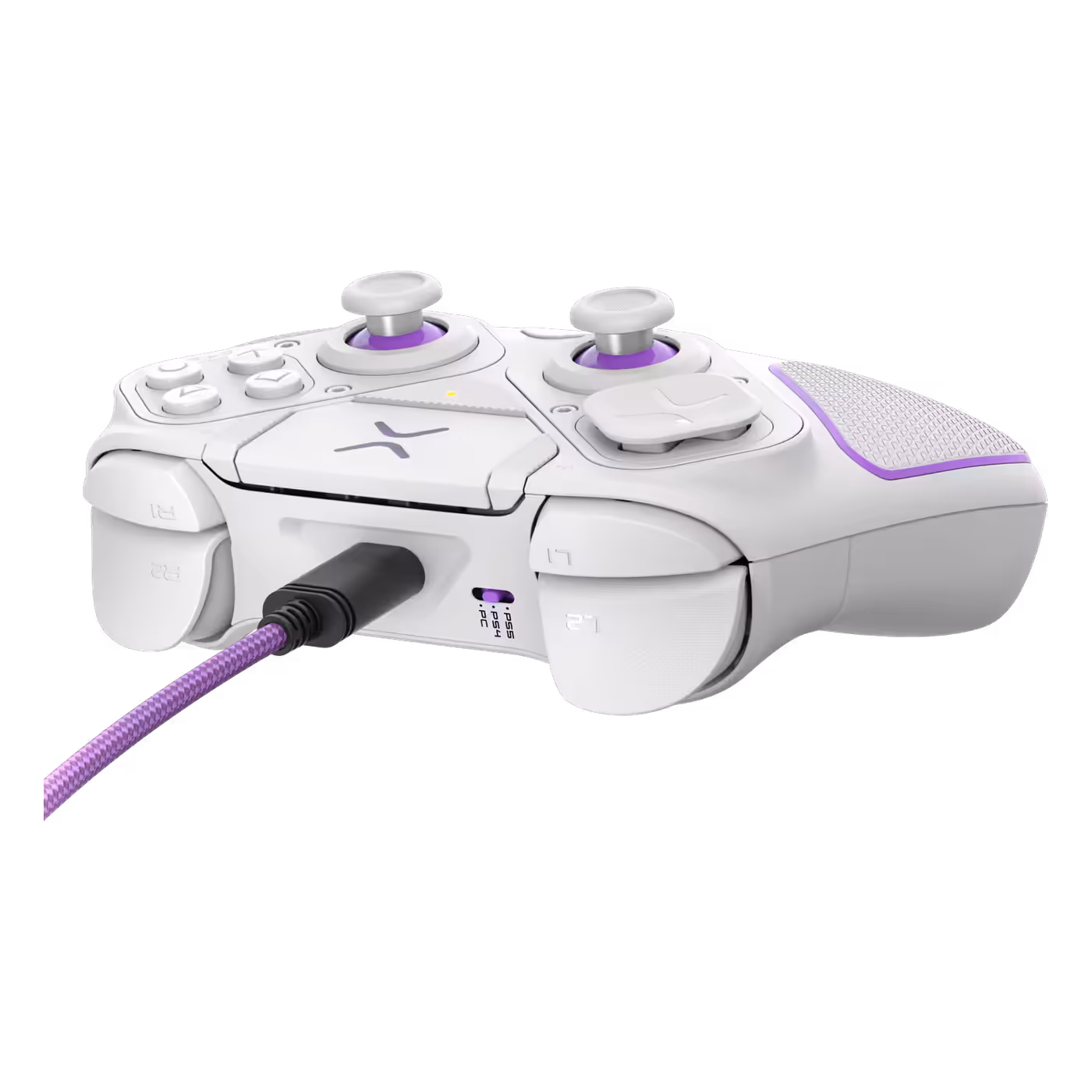 Top of the white Victrix Pro BFG with its braided cable