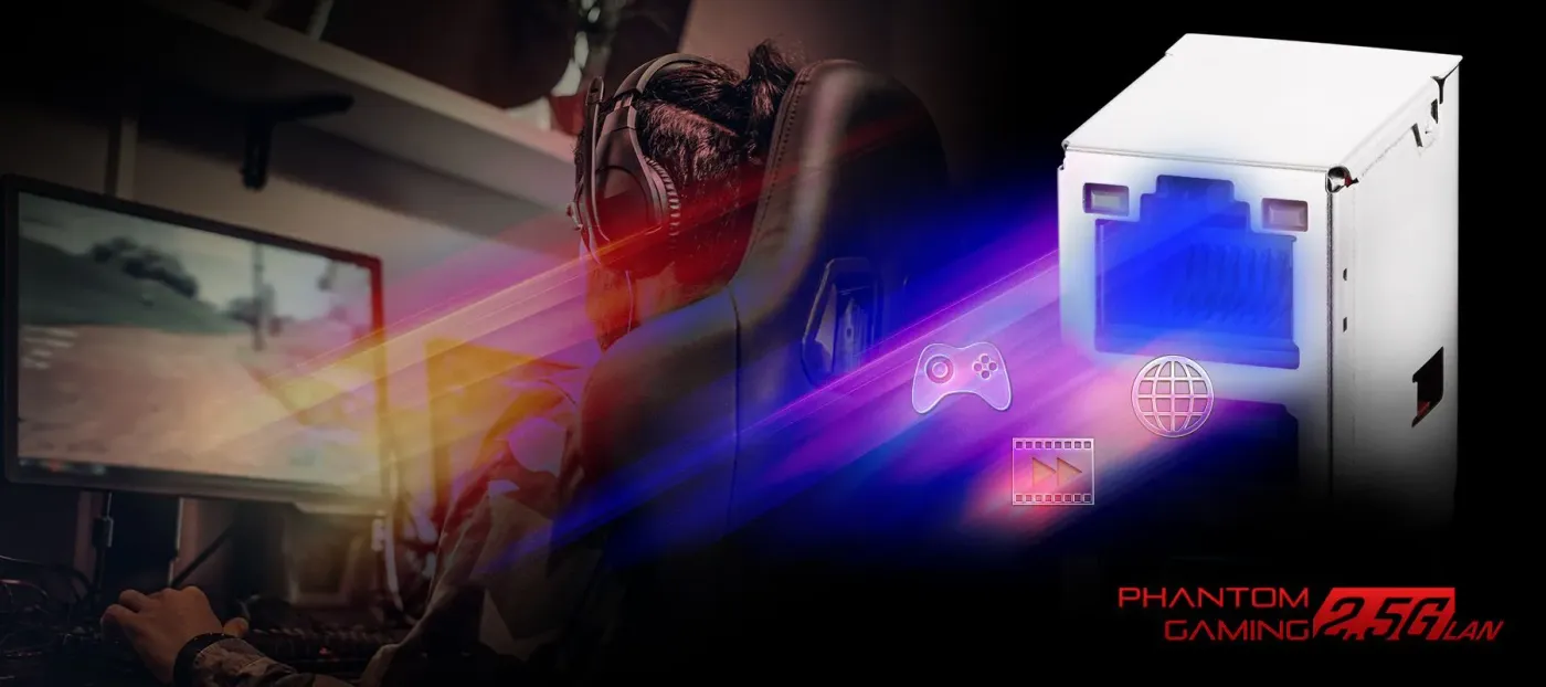 Phantom Gaming 2.5 Gb/s LAN logo and network controller chip