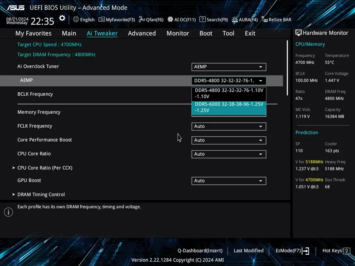 BIOS interface with AEMP function selected