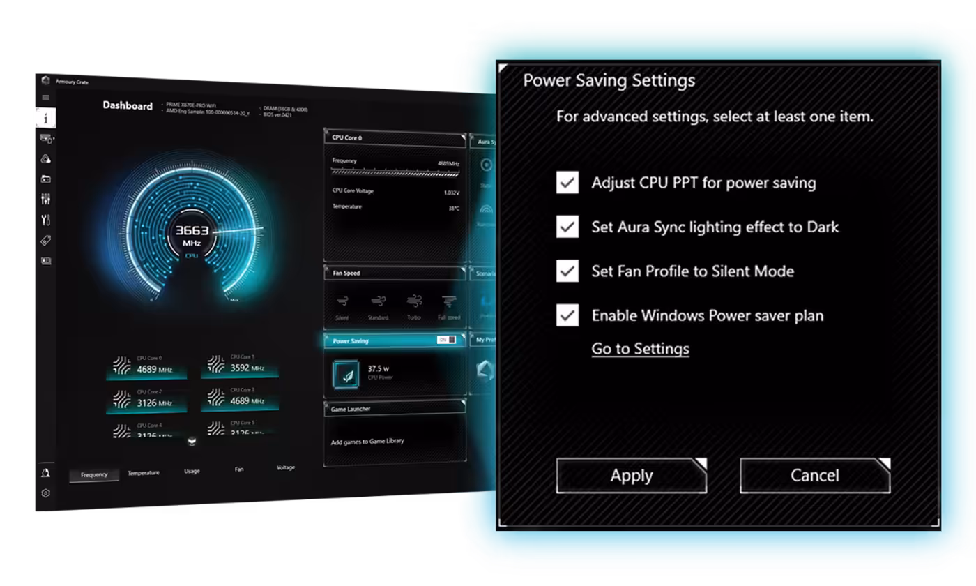 User interface for Power Saving settings designed to optimize energy consumption