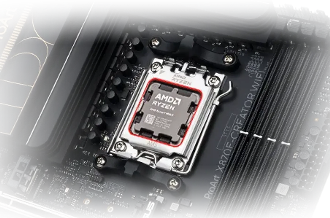 Closeup of ProArt X870E-Creator WiFi around CPU socket