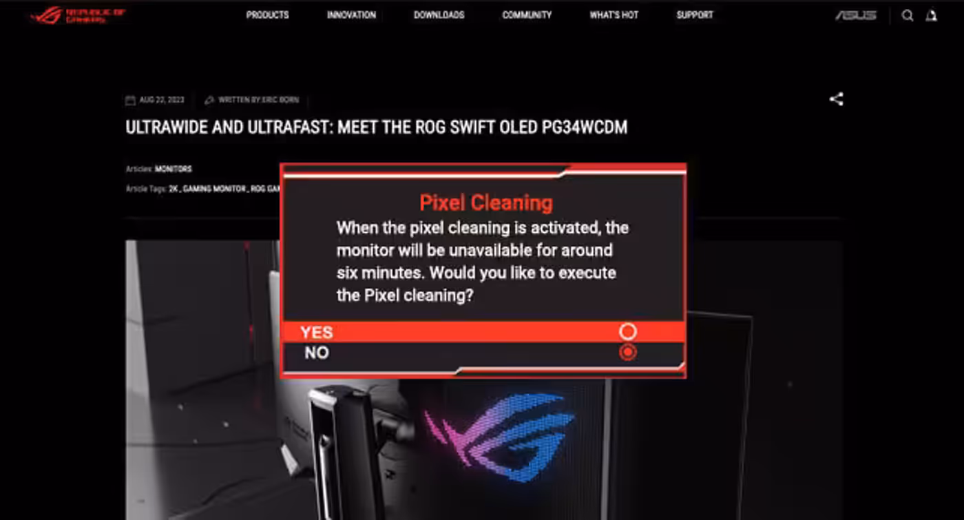 Pixel cleaning reminder displayed on the monitor