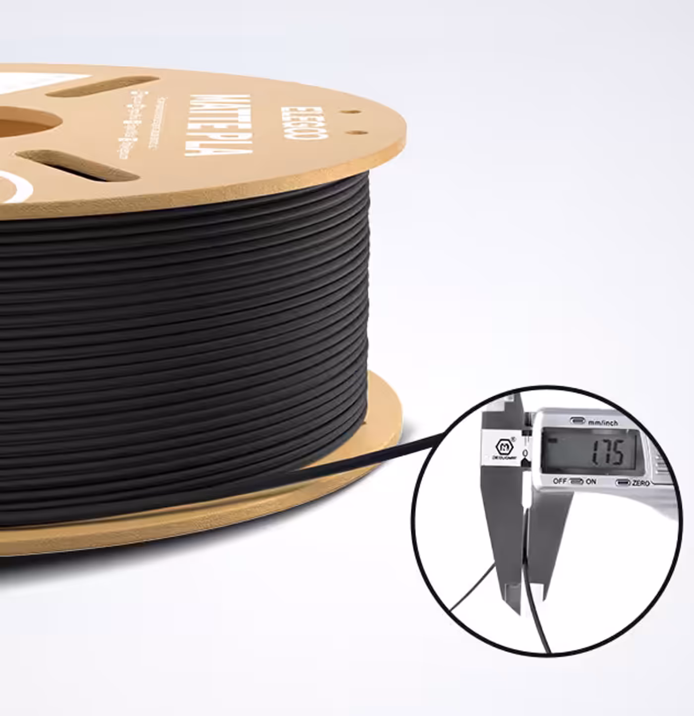Measurement tool showing precision dimensional accuracy of filament