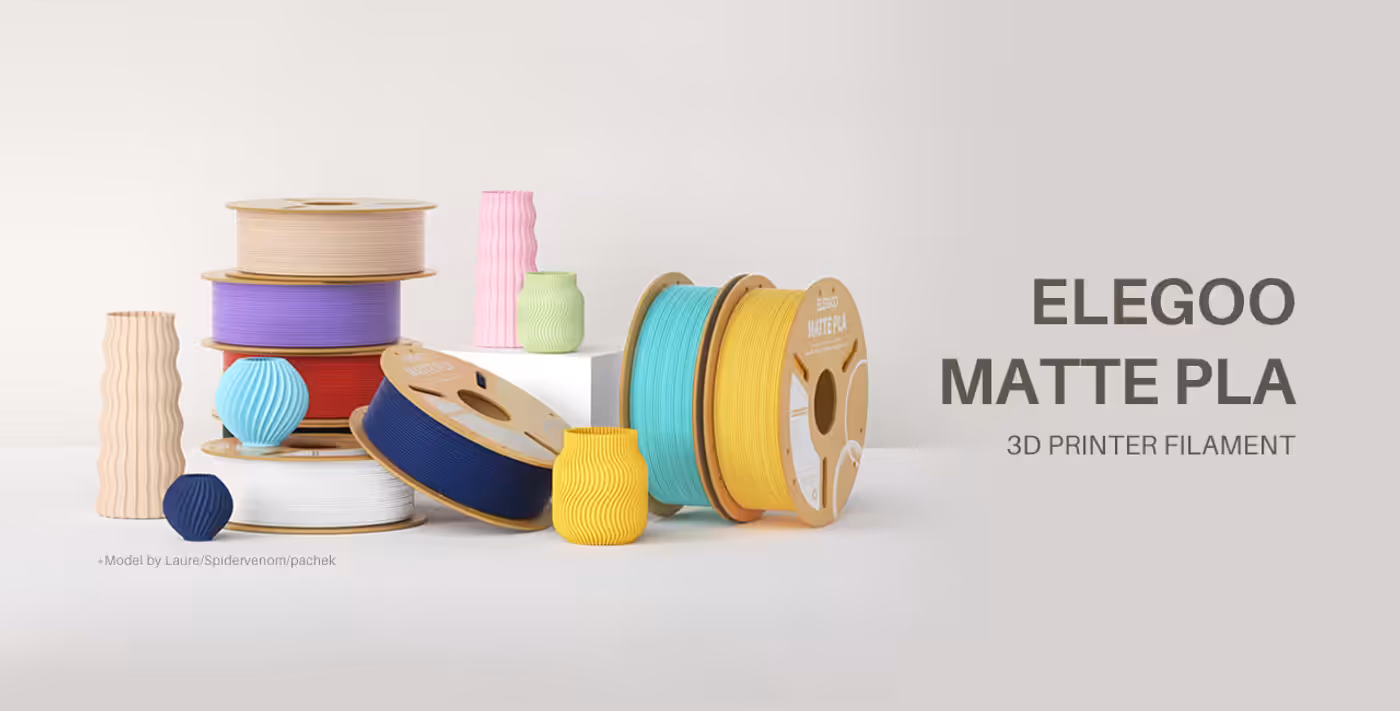 ELEGOO Matte PLA 1.75 mm filament spool shown with matte-finish printed models