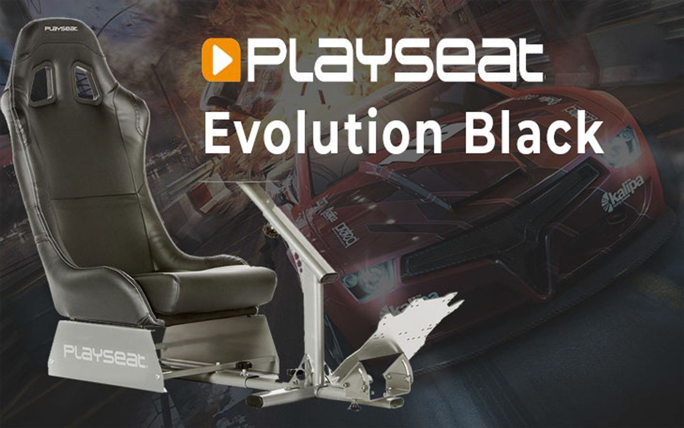 Playseat Evolution racing gaming chair in black, set up with its adjustable frame