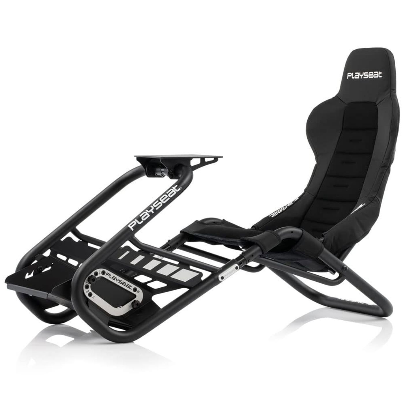 Playseat Trophy seat set up with a steering wheel in a racing position