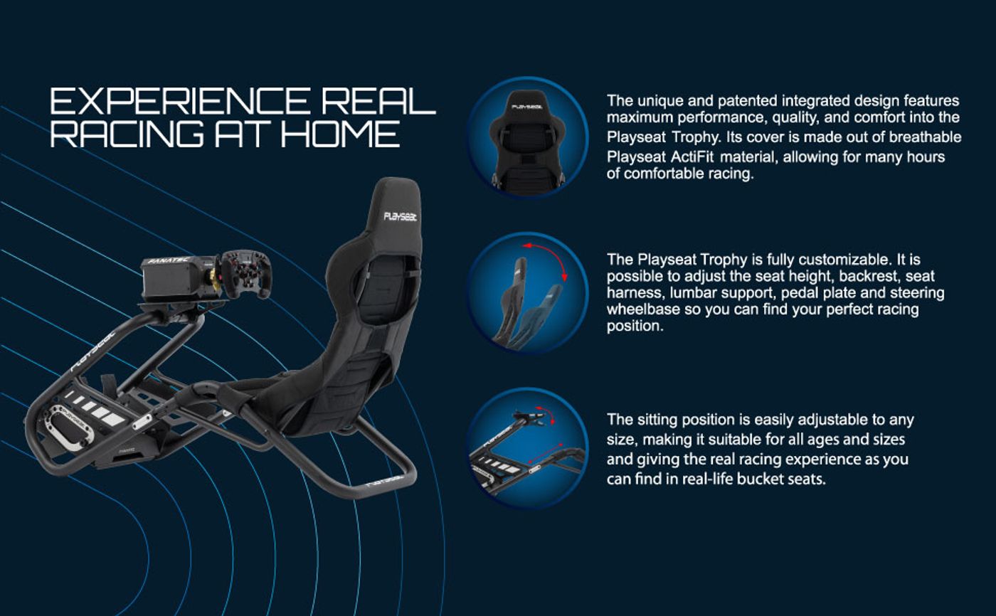 Playseat Trophy racing seat shown complete from a rear three-quarter angle