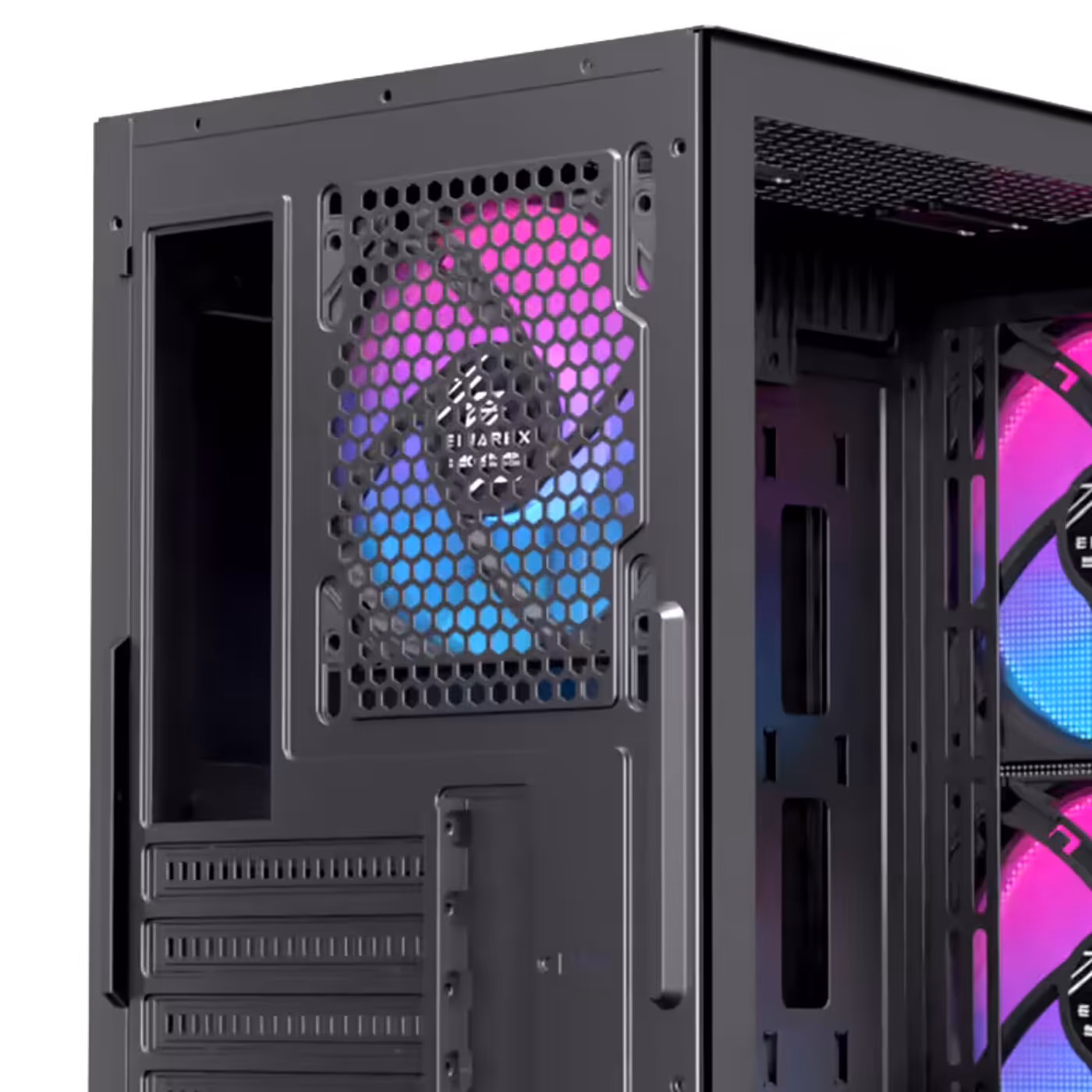 Tempered glass side panel and SPCC steel construction for PC chassis