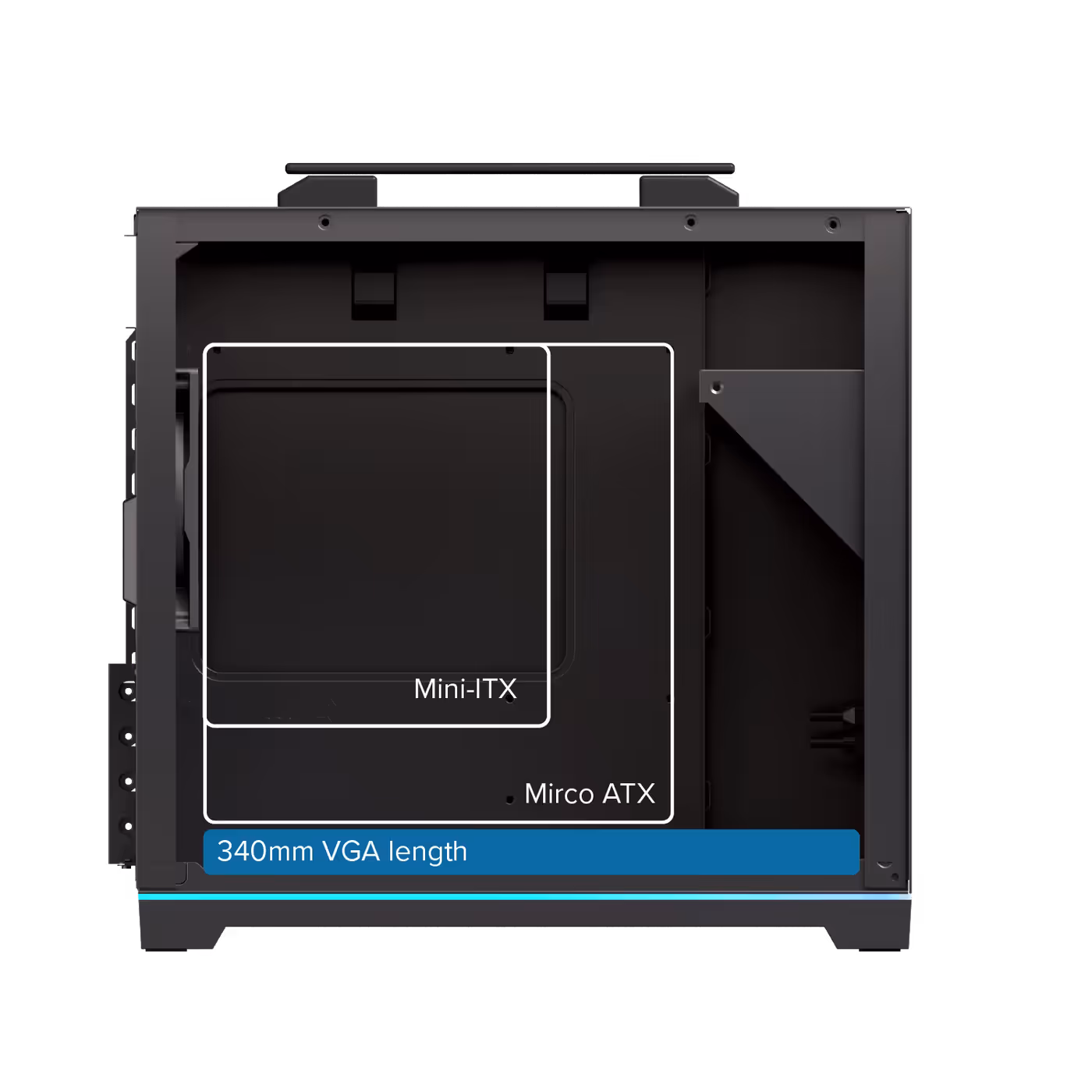 Internal capacity specifications showing motherboard and component support dimensions