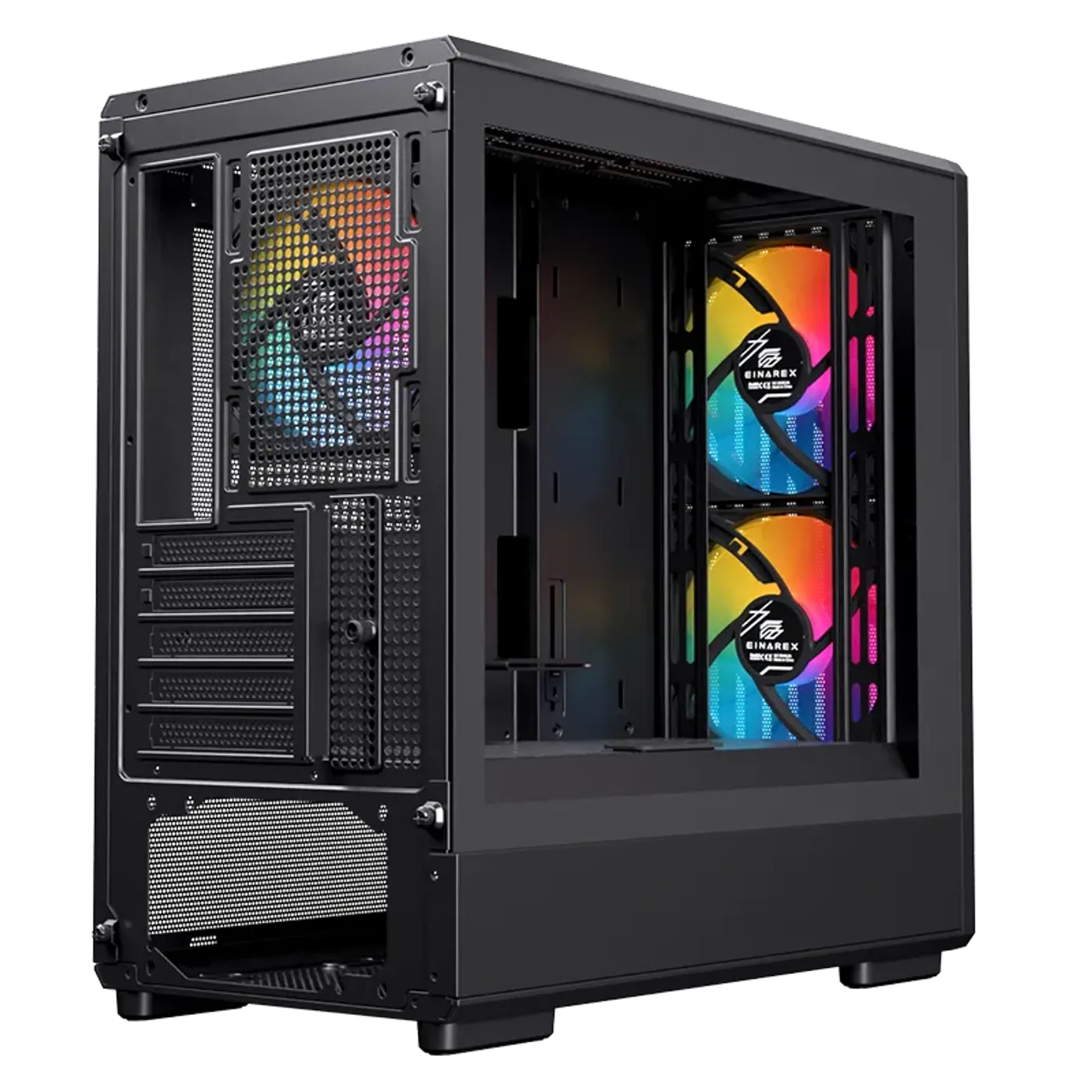Interior view of the PC case highlighting the tool-free, back-slide tempered glass side panel.