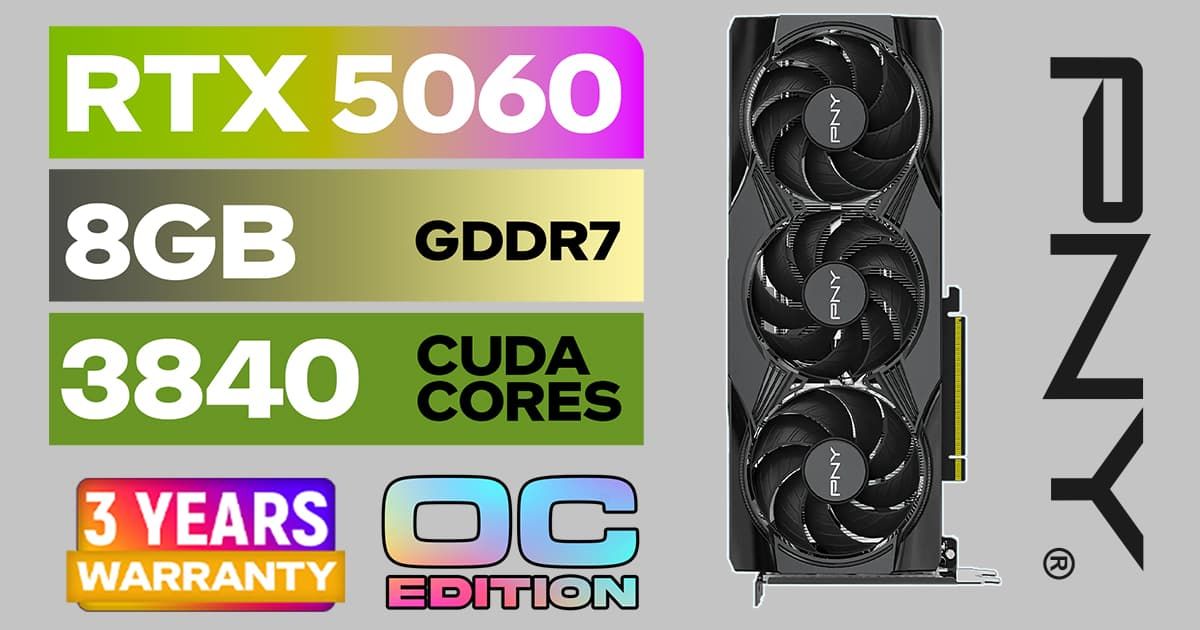 PNY GeForce RTX 5060 EPIC-X 8GB OC — 28Gbps GDDR7