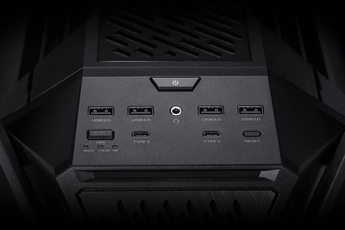 close-up of ROG Hyperion GR701 front panel focus on two USB Type-C ports