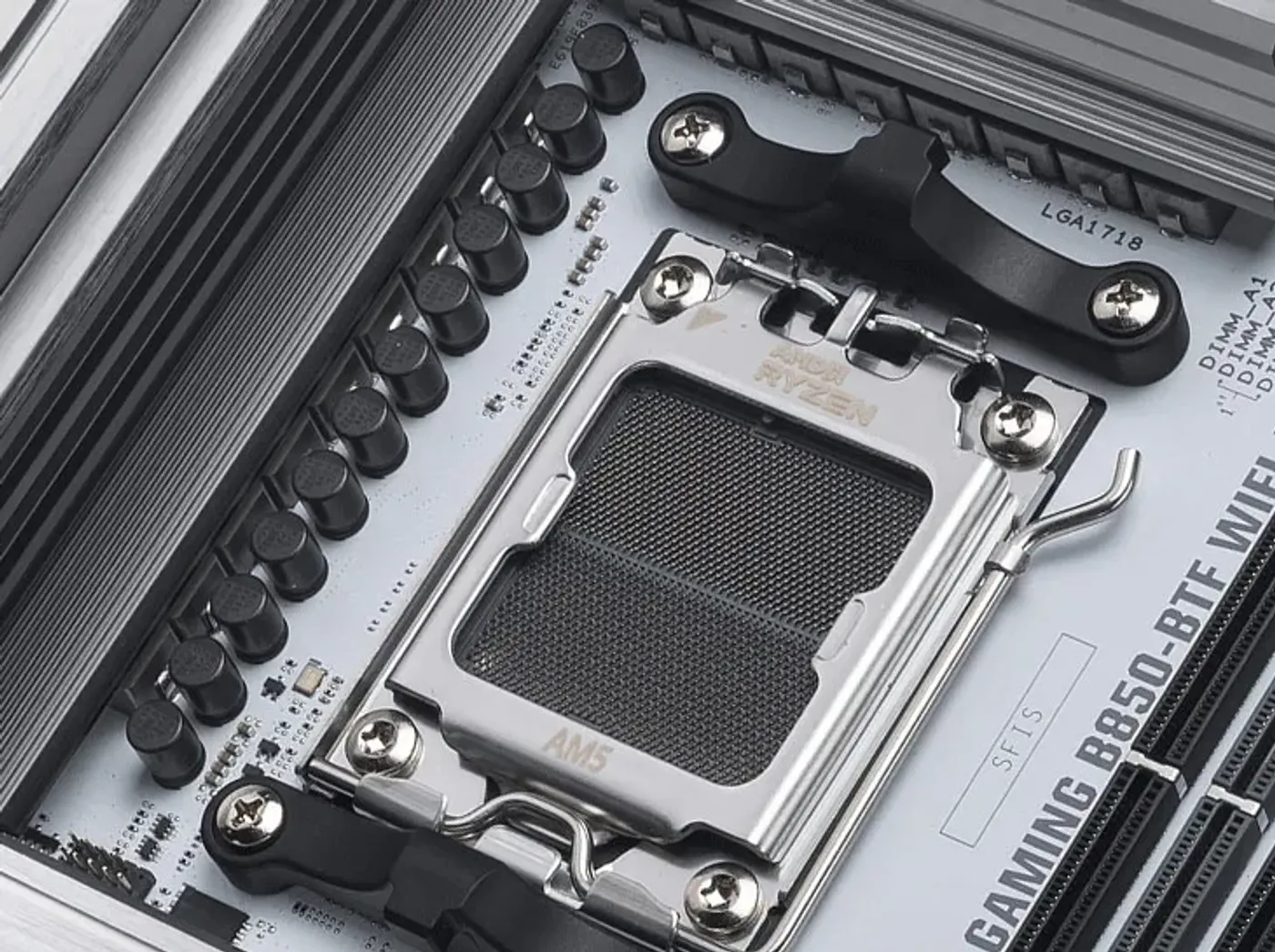 Close-up of an AM5 CPU socket on TUF GAMING B850-BTF WIFI W.
