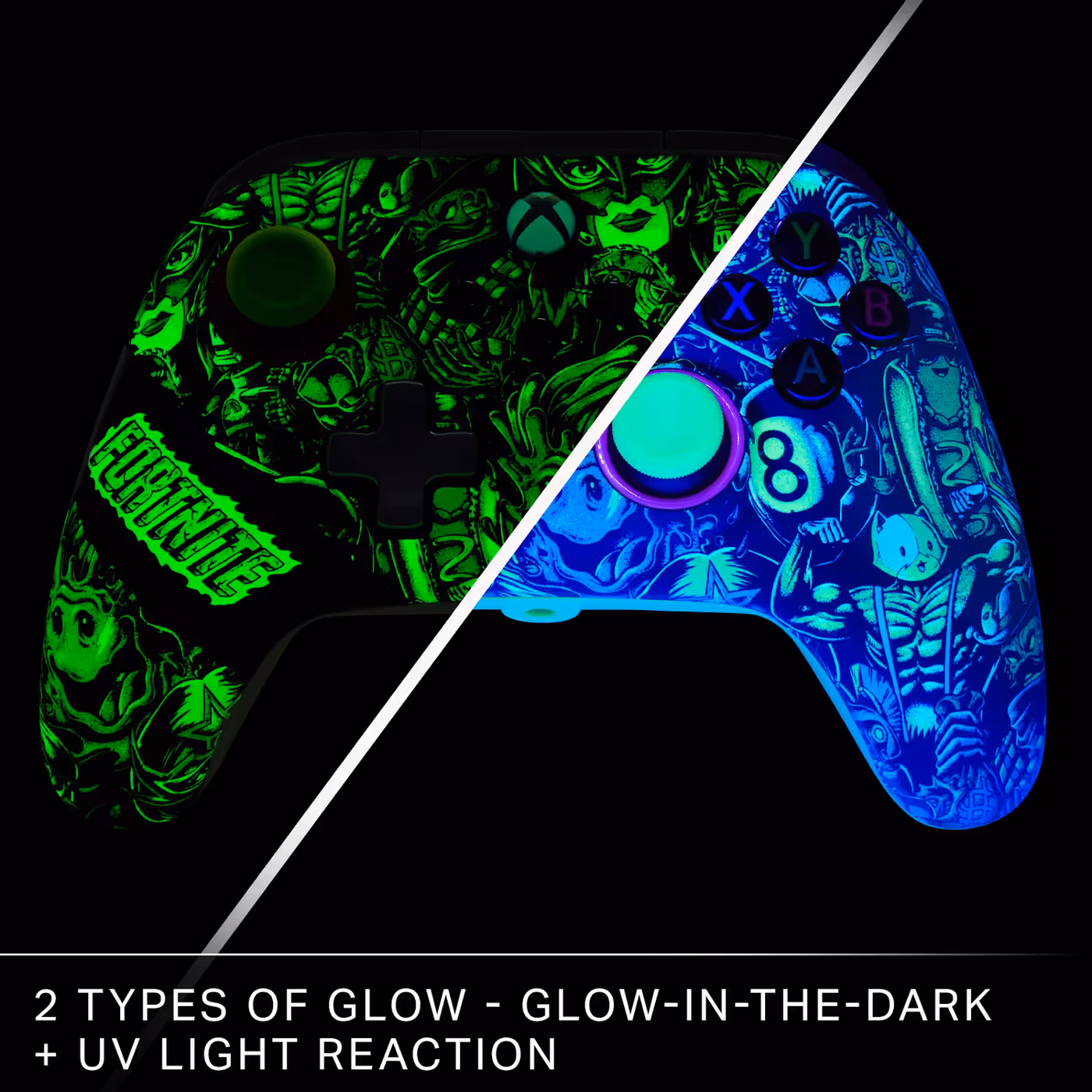 PowerA Fortnite Glow controller glowing green in the dark and blue under UV light