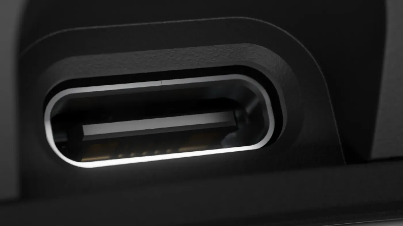 USB-C charging port on a gaming mouse demonstrating power connectivity