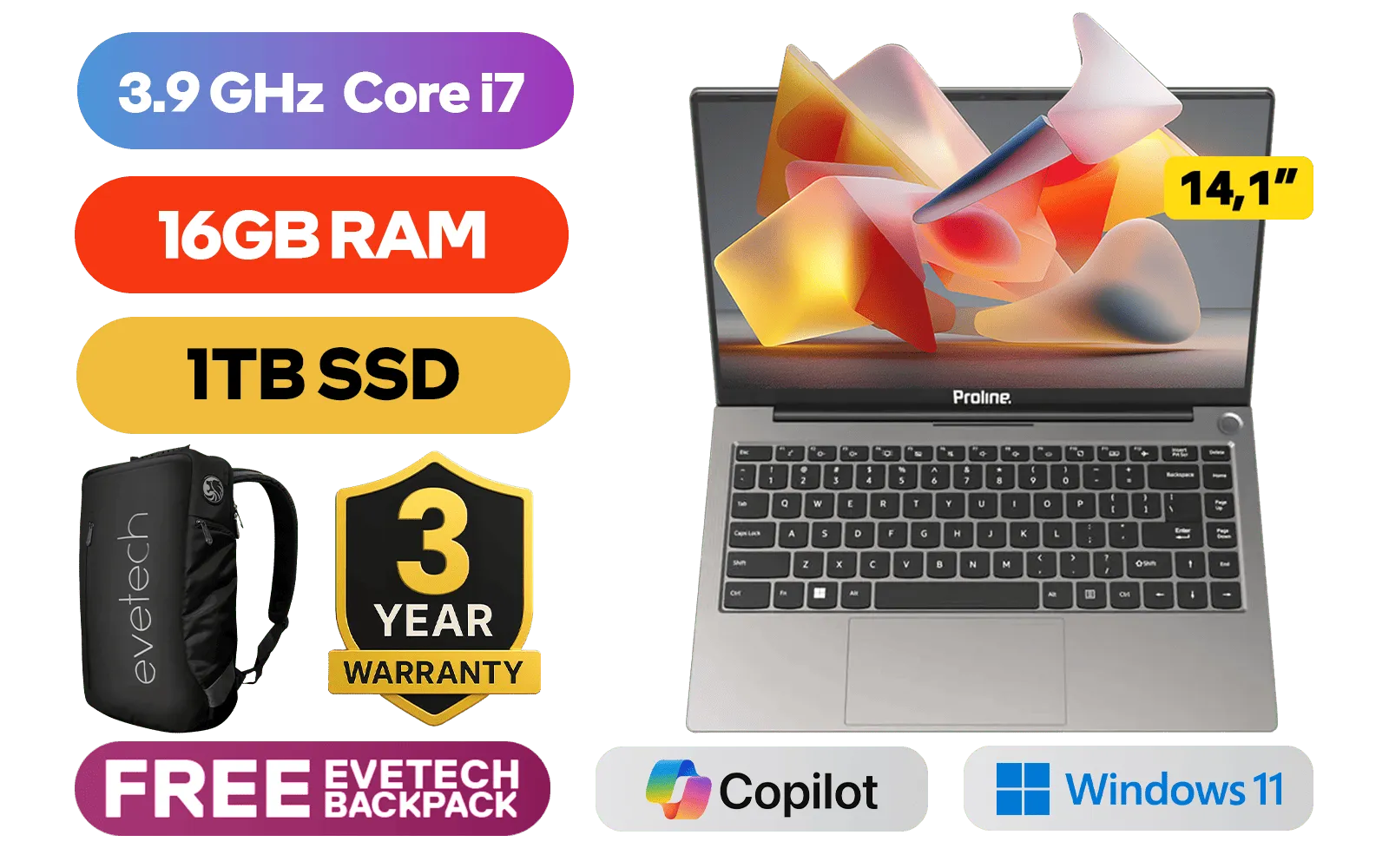 Proline Thinline V14 Core i7 Laptop | 16GB RAM & 1TB SSD - High