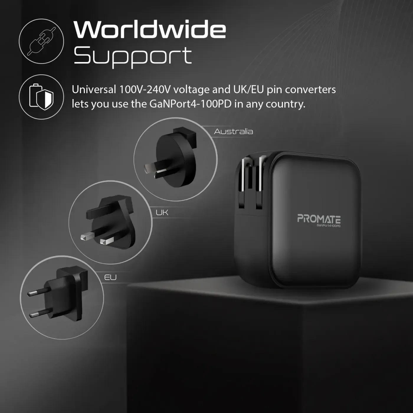 Third USB-C port and USB-A Quick Charge port on the Promate GANPORT4-100PD