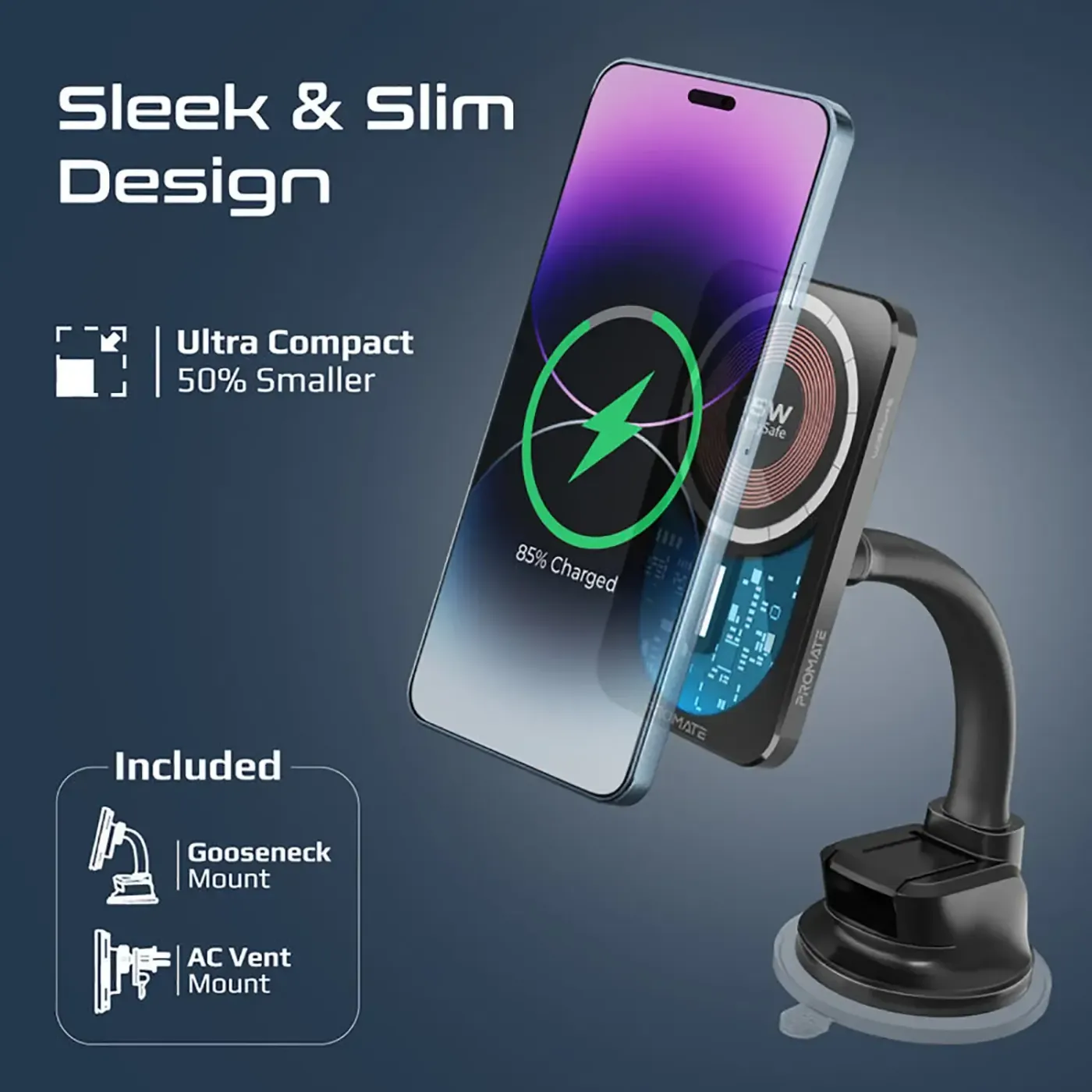 Promate LucidMount-15 transparent magnetic wireless car charger
