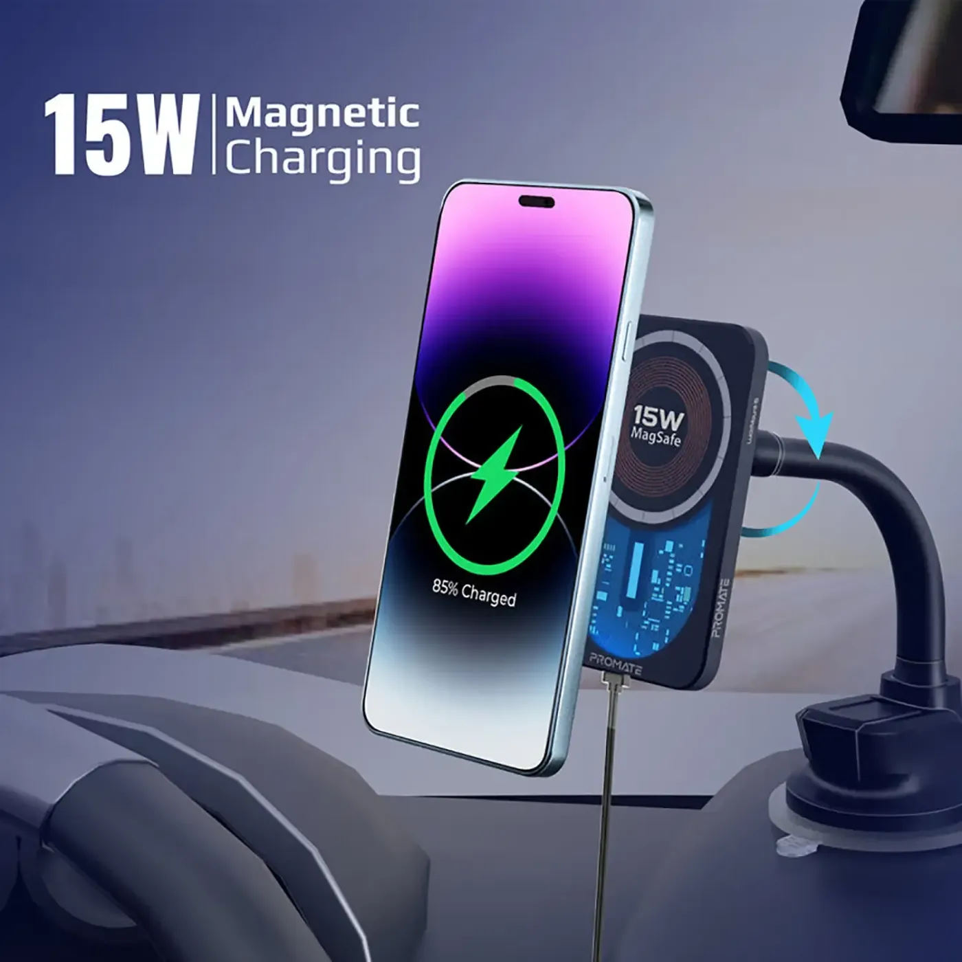 Phone charging wirelessly on the LucidMount-15 in a car
