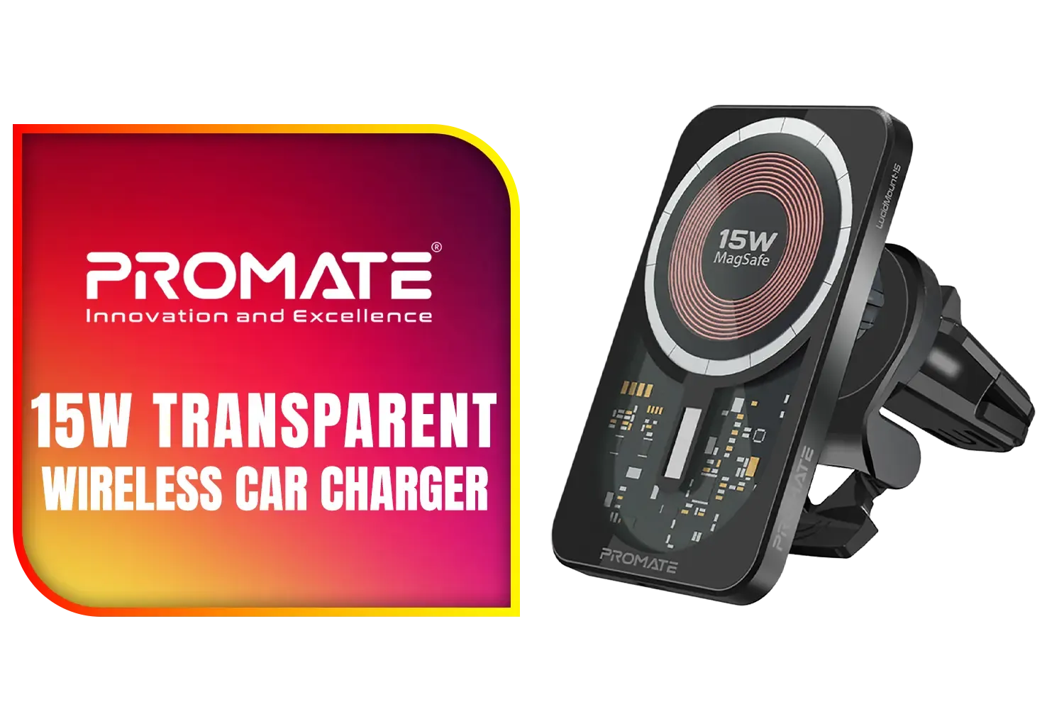 Promate 15W Transparent Wireless Car Charger / 15W MagSafe Fast Charging / Snap-On Magnetic Phone Alignment / Cradleless Portrait or Landscape Mounting / LucidMount-15