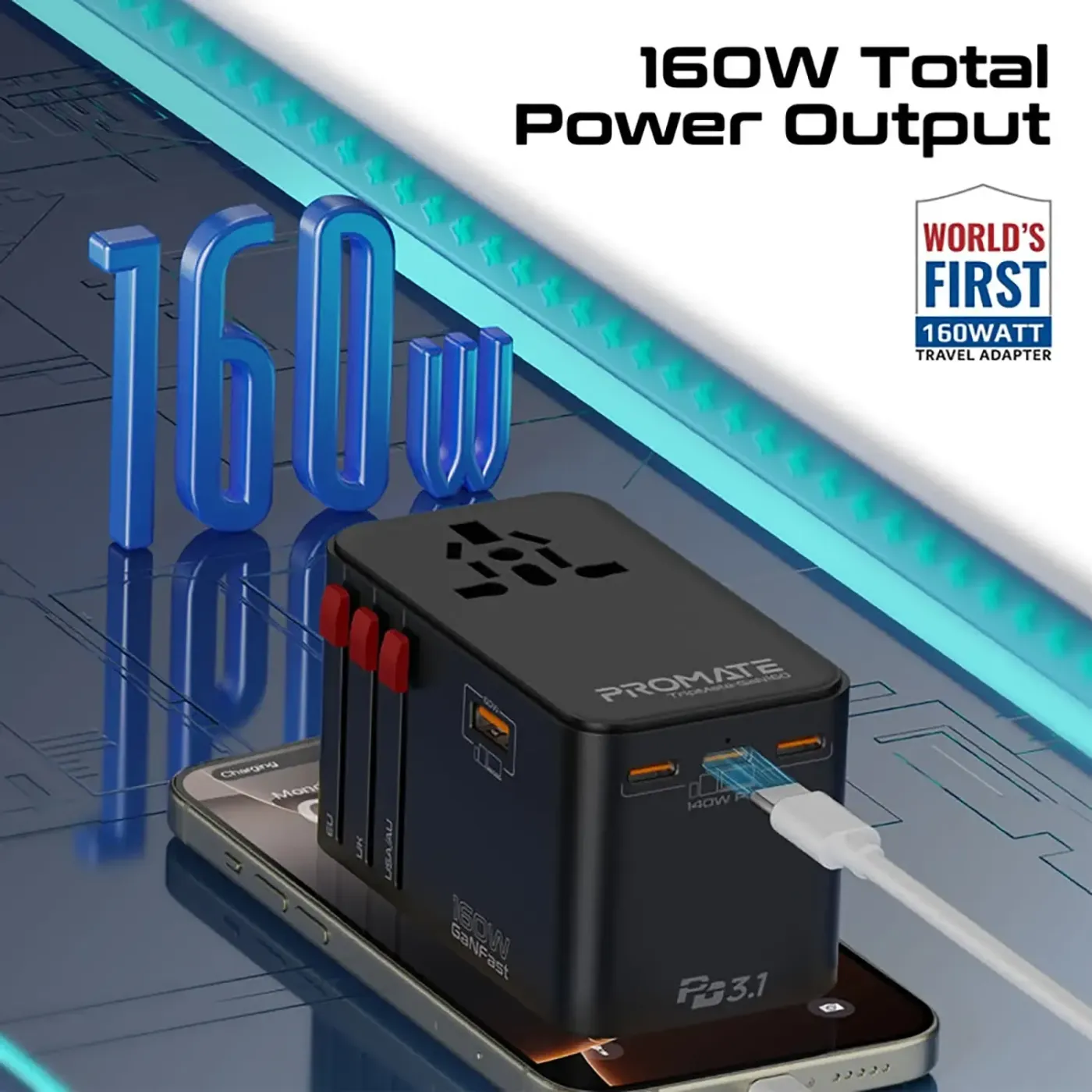 Interchangeable plug heads supplied with the TripMate-GaN160