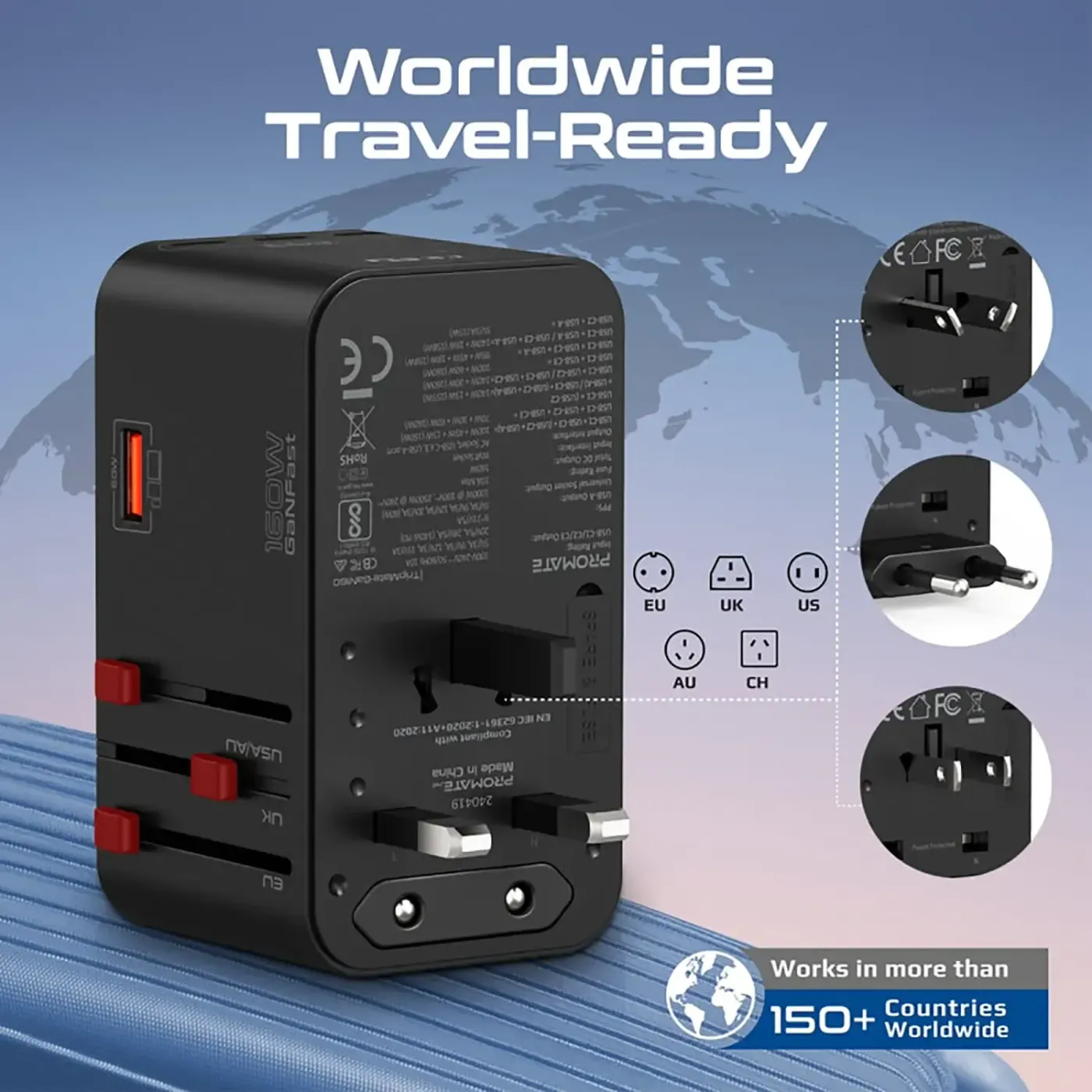 Universal AC socket on the face of the TripMate-GaN160