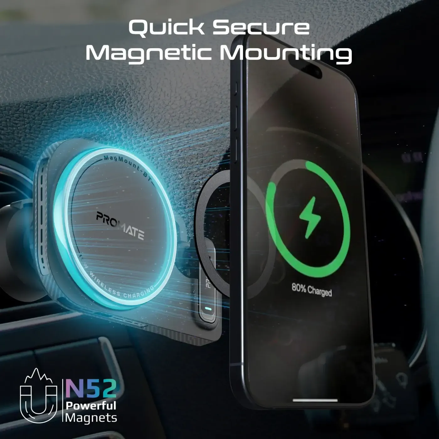 iPhone charging magnetically on the MagMount-BT car mount