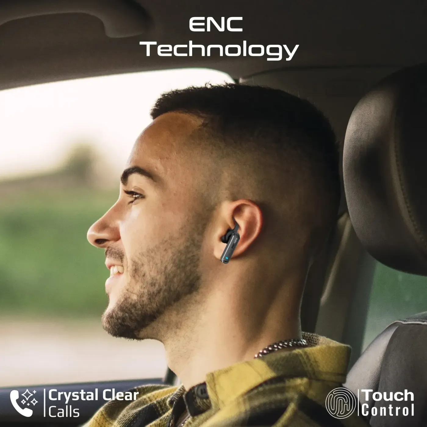 Driver taking a hands-free call using the MagMount-BT mono earphone