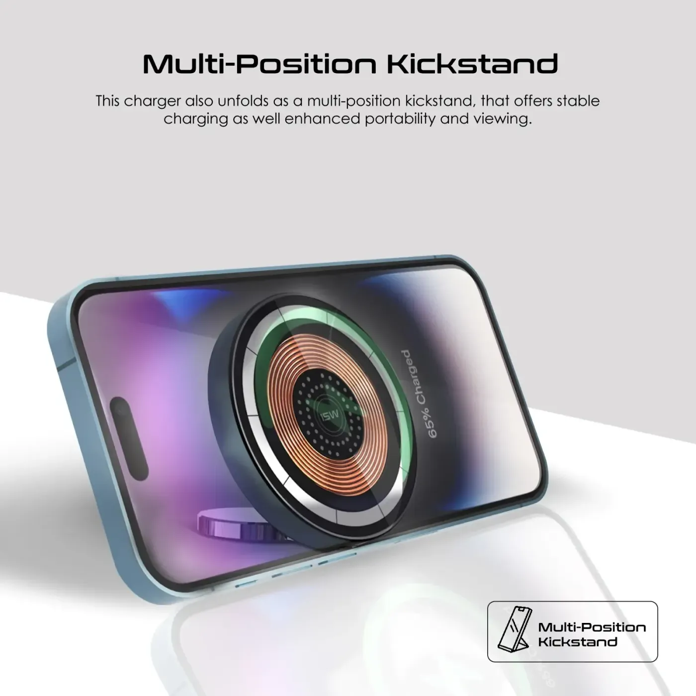 Promate wireless charger set up on its foldable kickstand minimizing desk clutter
