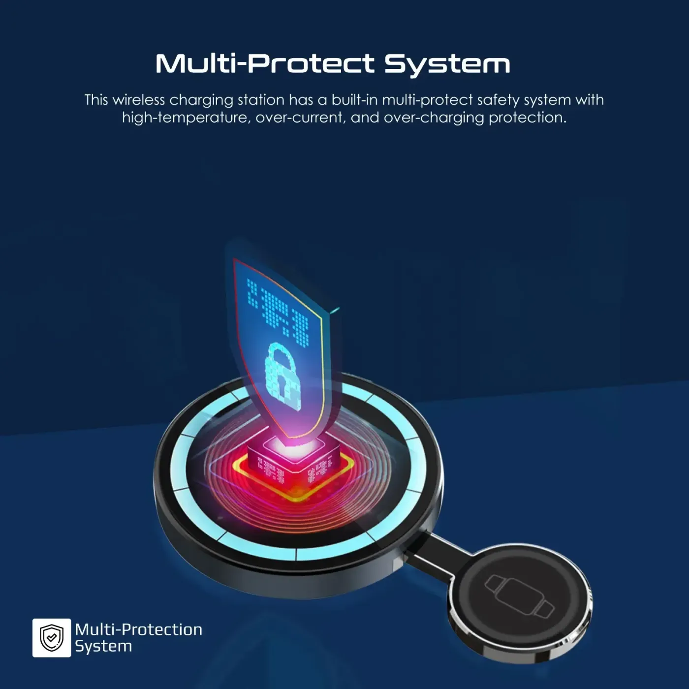 Dual-device Promate charging station highlighting its advanced multi-protection safety systems