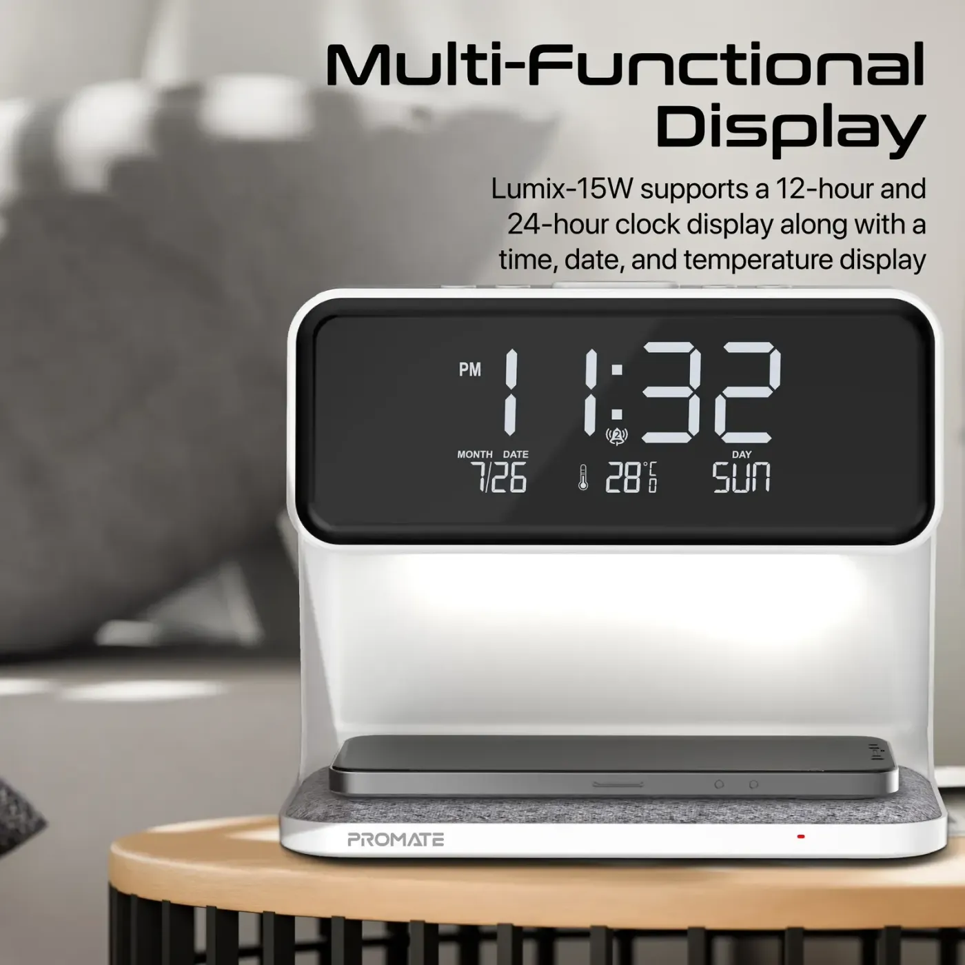 Alarm controls on the top of the Promate LUMIX-15W clock