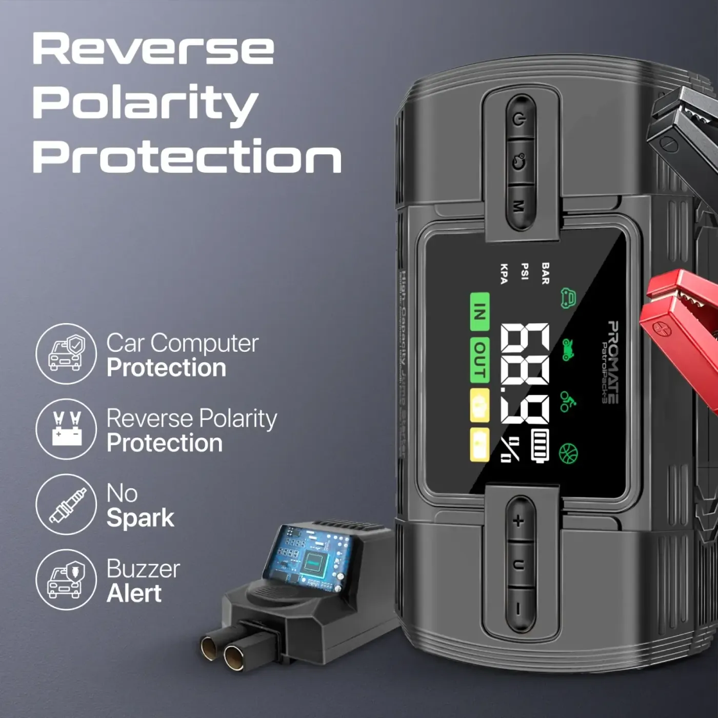 LED display on the PatrolPack-3 showing tyre pressure and battery status
