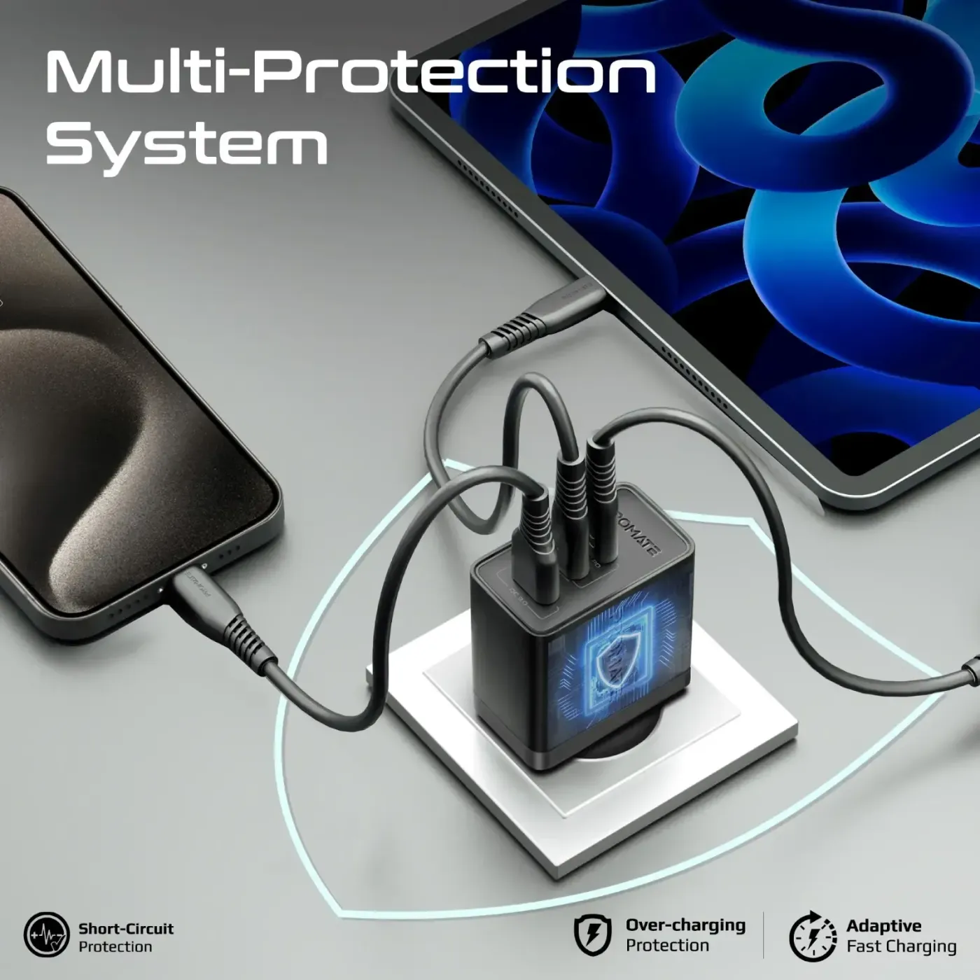 Compact black body of the Promate POWERPORT-45 GaN charging adapter