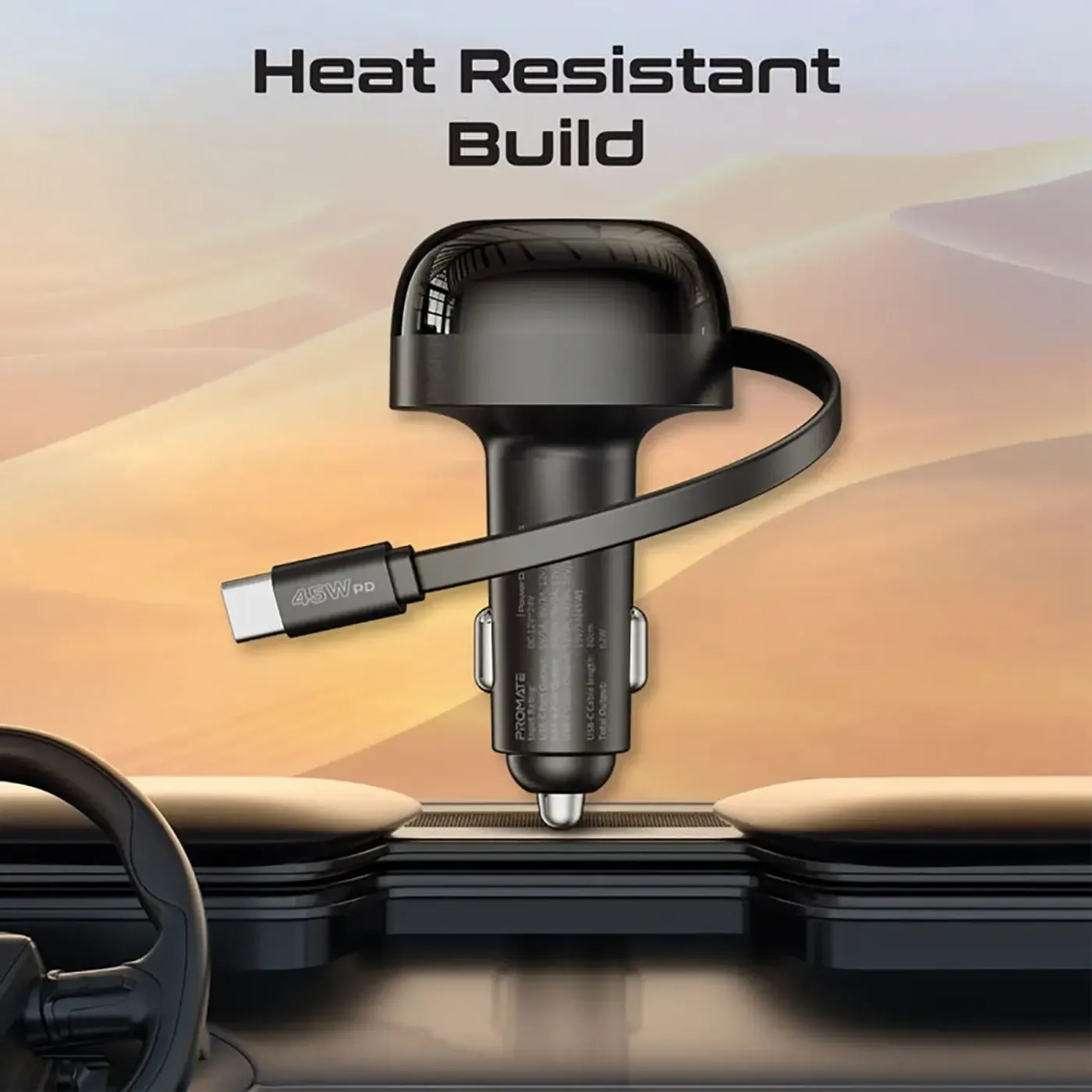Promate PowerDrive-RC65 car charger with retractable USB-C cable