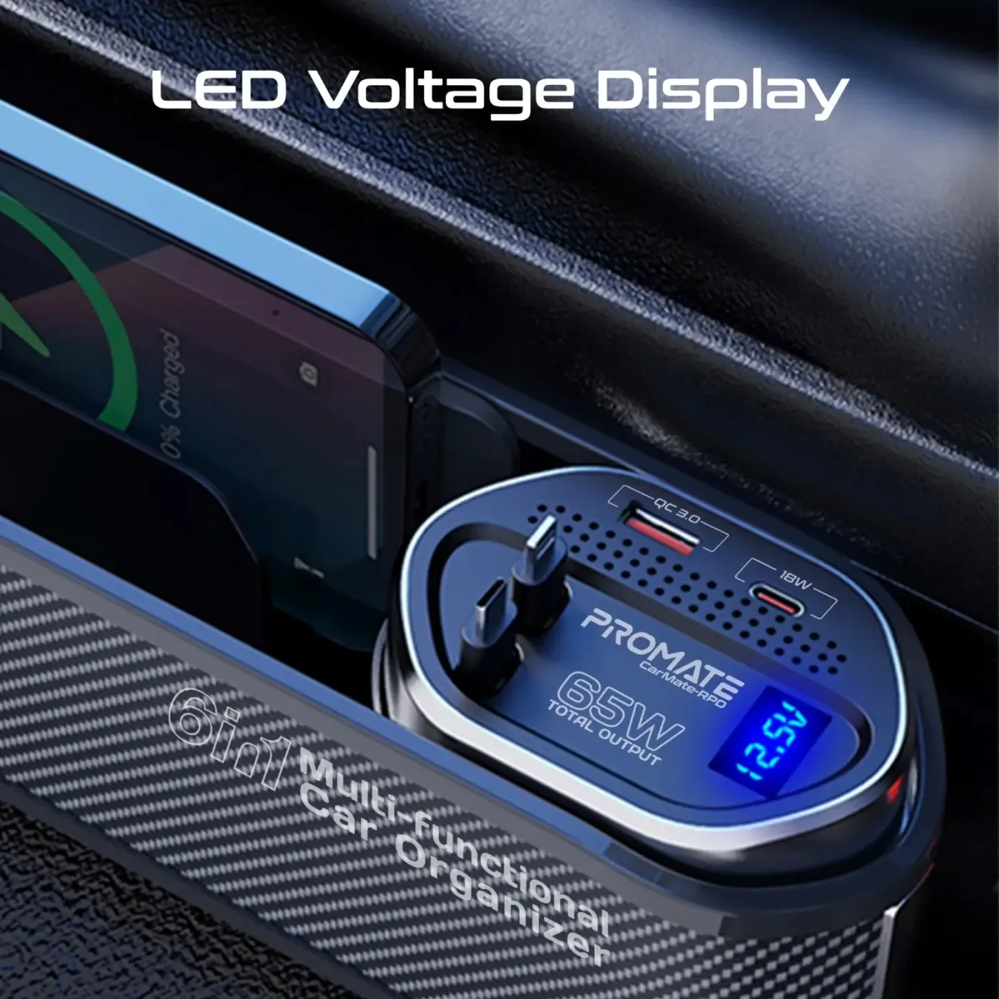 Promate CarMate-RPD car organizer and charging station in black