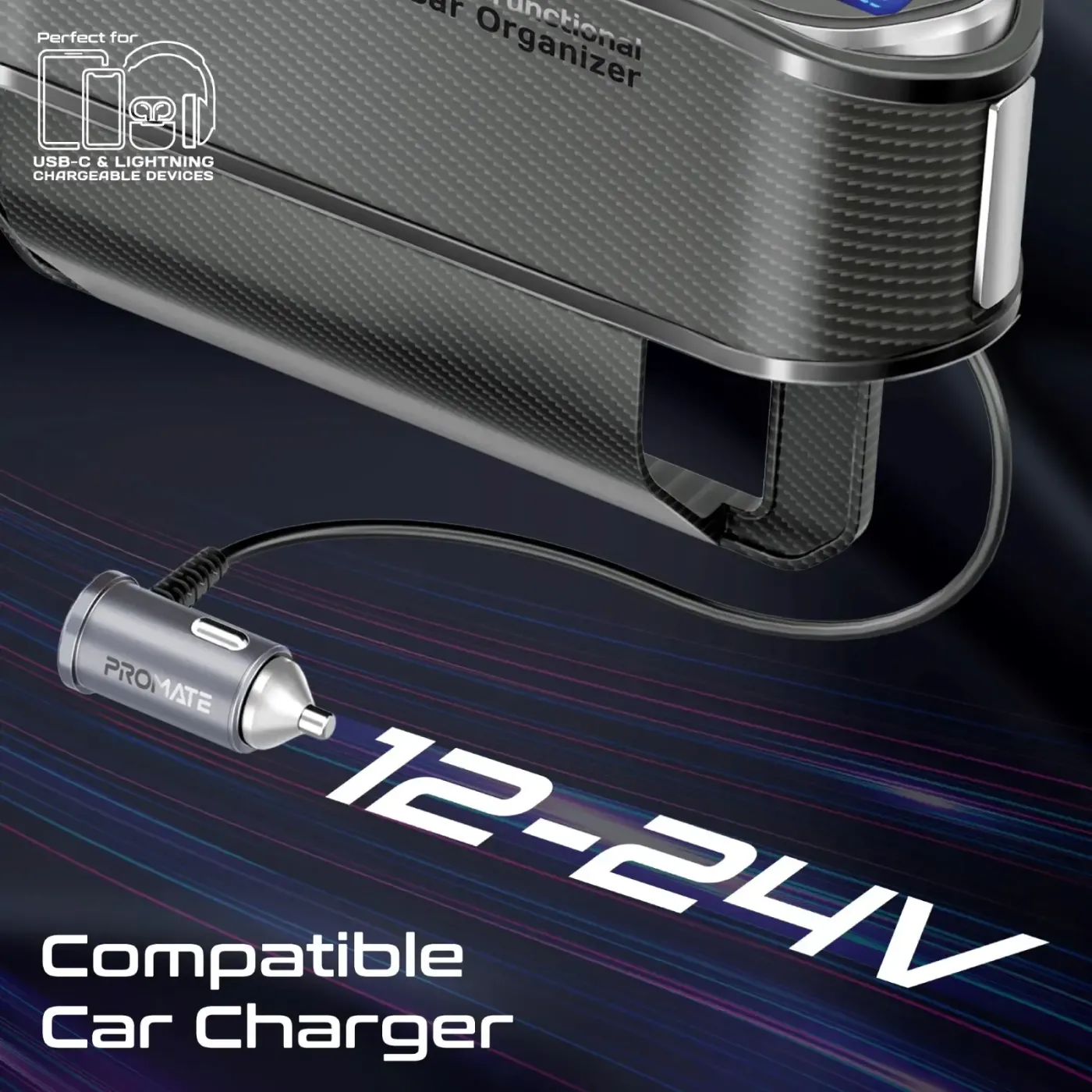 Retractable Lightning cable on the Promate CarMate-RPD charging station