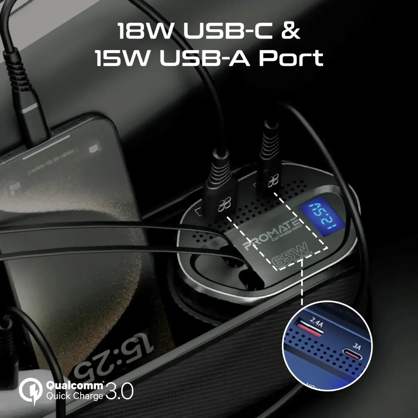 Included car charger and removable Type-C input cable for the CarMate-RPD