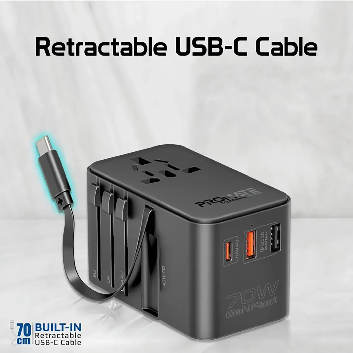Promate TripMate-GaN70R travel charging adapter