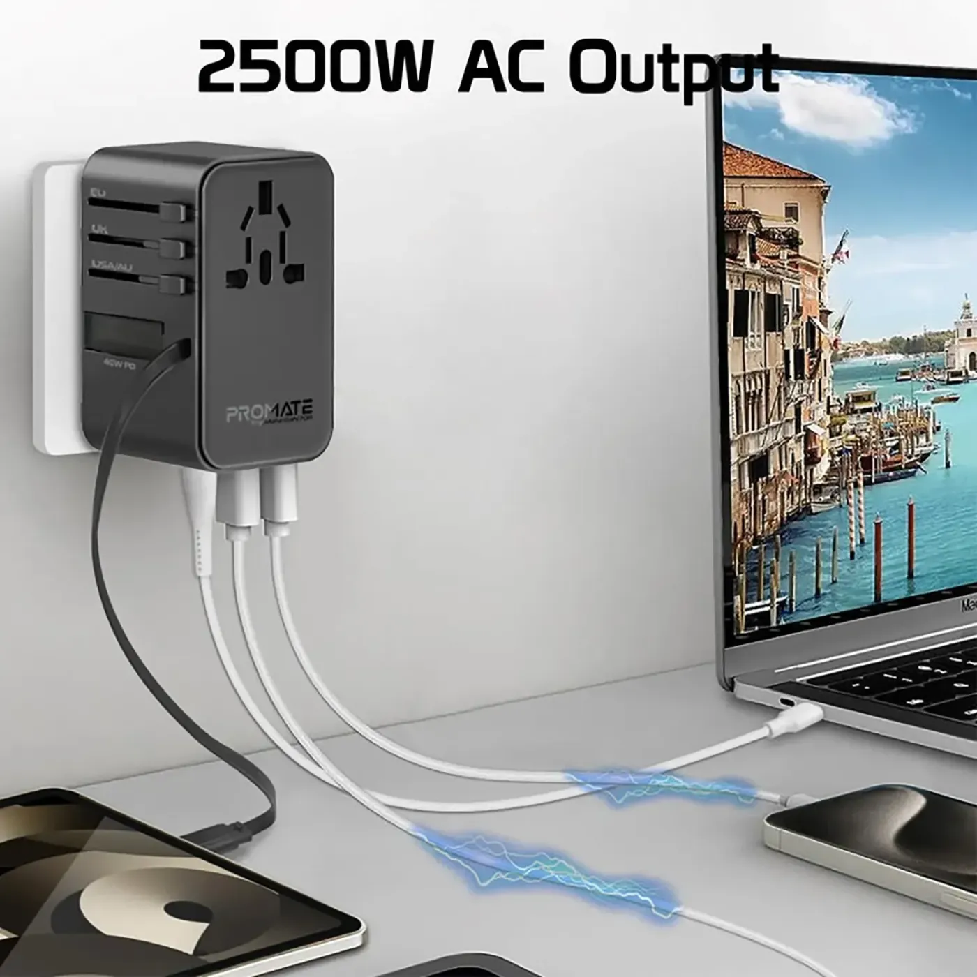 TripMate-GaN70R plugged into a wall socket while charging devices