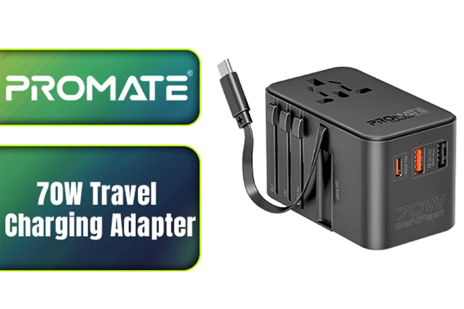 Promate 70W Travel Charging Adapter with Retractable Built-in USB-C Cable / Efficient GaN technology for cooler charging / 30W USB-A Quick Charge 3.0 / Built-in 10A surge protection / TripMate-GaN70R