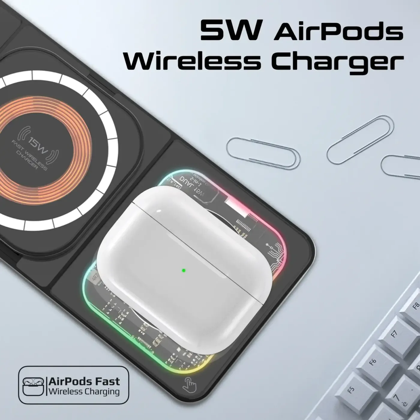 iPhone attached to the 15W MagSafe-compatible position on the AuraSlate-Trio