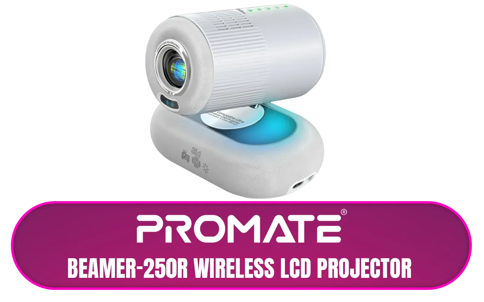 Promate Beamer-250R Wireless LCD Projector / 4K Compatible / Built-In Speaker / Ambient RGB light / LCD 3.0" LVDS Technology / 250 ANSI Lumens Brightness / Integrated Wi-Fi, Bluetooth 5.4, HDMI, and USB / Beamer-250R.EU