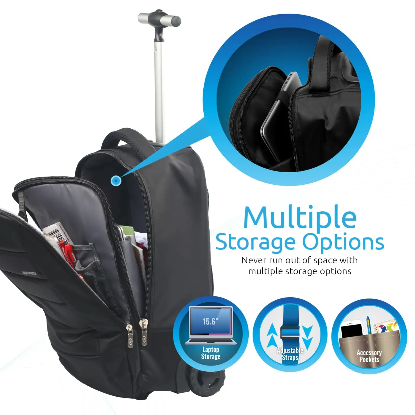 Alternative angle of the Promate BIZPAK trolley bag showing its compartment layout