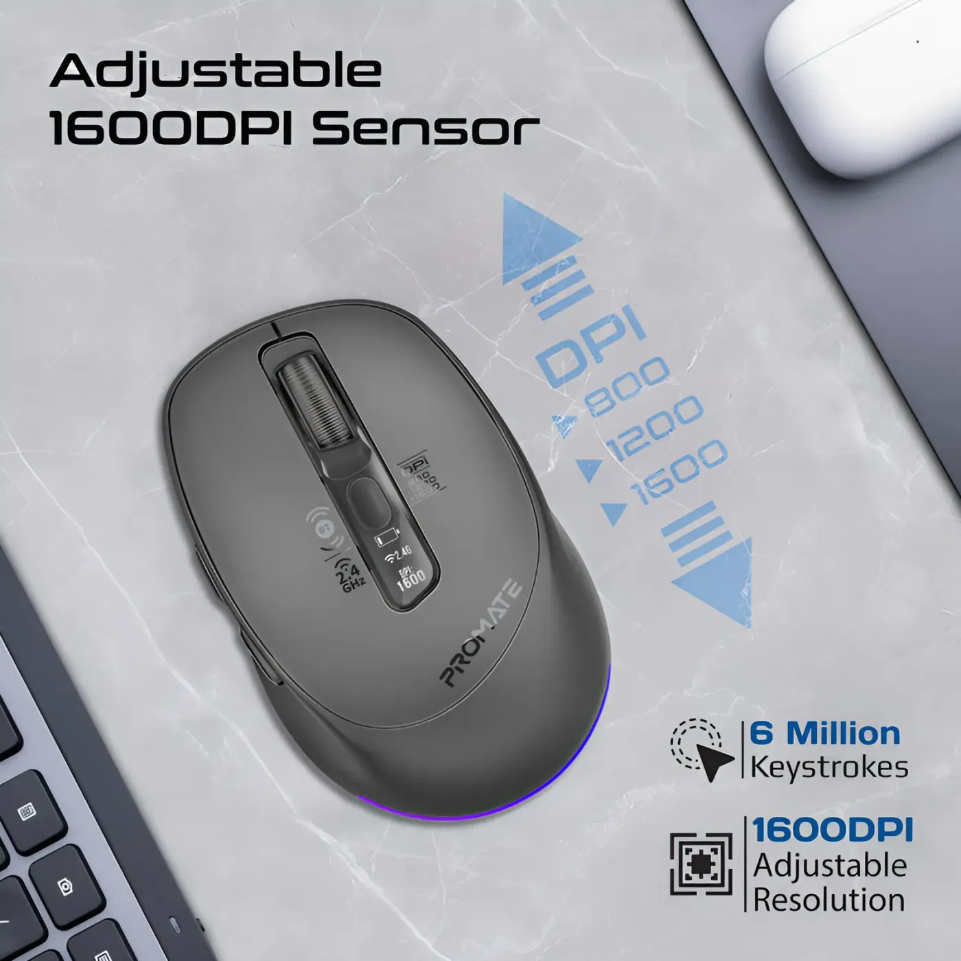 USB-C charging port on the black Promate BLIX-3M wireless mouse