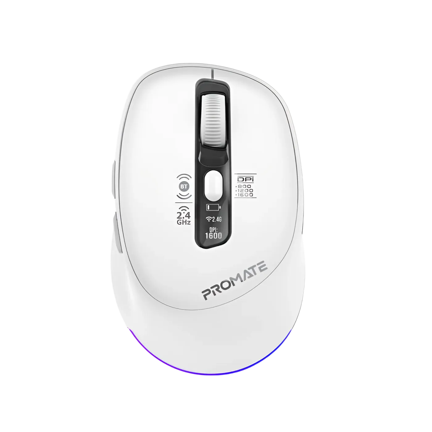 Promate BLIX-3M silent-click wireless mouse in white, top view