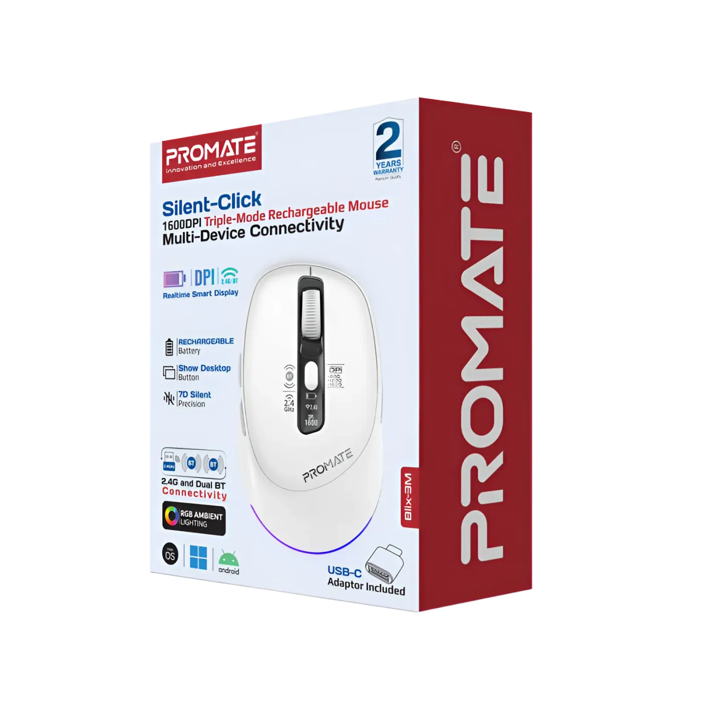 Main buttons on the white Promate BLIX-3M silent-click mouse